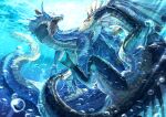 air_bubble battle blue_scales bubble dragon highres horns lagiacrus monster monster_focus monster_hunter_(series) no_humans ocean orange_horns partially_submerged plesioth scales sea_monster submerged touro underwater wyvern 