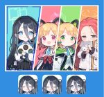  4girls absurdly_long_hair animal_ear_headphones animal_ears aris_(blue_archive) black_hair black_hairband black_shorts black_skirt blonde_hair blue_archive blue_bow blue_eyes blue_necktie blush bow closed_eyes closed_mouth collared_shirt fake_animal_ears game_development_department_(blue_archive) green_eyes green_halo hair_bow hairband halo headphones jacket long_hair long_sleeves midori_(blue_archive) momoi_(blue_archive) multiple_girls necktie one_side_up open_mouth orange_halo pink_halo pleated_skirt red_bow red_eyes redhead ringed_eyes shirt short_hair shorts siblings signature sisters skirt smile tautiki twins very_long_hair white_jacket white_shirt yuzu_(blue_archive) 