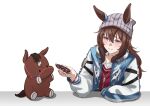  1girl 1other absurdres animal animal_ears beanie black_footwear black_gloves blue_jacket brown_hair collared_shirt ear_ornament ears_through_headwear food gloves grey_hat hair_between_eyes hakekeke2525 hat headphones highres holding holding_food horse_ears horse_girl jacket long_hair long_sleeves nakayama_festa_(racehorse) nakayama_festa_(umamusume) shirt simple_background smile umamusume white_background white_shirt 