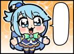  1girl :3 :d aqua_(konosuba) bkub blank_speech_bubble blue_footwear blue_hair blue_skirt blush_stickers boots bow bowtie chibi commentary_request detached_sleeves full_body green_bow green_bowtie kono_subarashii_sekai_ni_shukufuku_wo! looking_at_viewer official_art outstretched_arms single_hair_ring skirt smile solo sparkling_eyes speech_bubble spread_arms standing 
