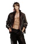  1boy abs bead_bracelet beads black_hair black_jacket black_pants bracelet character_request closed_mouth collared_jacket copyright_request haban_(haban35) hands_in_pockets highres jacket jewelry looking_at_viewer male_focus medium_hair messy_hair necklace open_clothes open_jacket pants parted_bangs pectorals simple_background solo tan upper_body yellow_eyes 