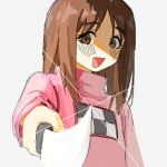  1girl :d aiming aiming_at_viewer azumanga_daioh blush brown_eyes brown_hair cosplay english_commentary glint highres holding holding_knife kasuga_ayumu kitchen_knife knife kyuunn long_hair long_sleeves madotsuki madotsuki_(cosplay) no_nose open_mouth print_sweater smile solo sweater turtleneck turtleneck_sweater upper_body white_background yume_nikki 