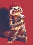  1boy absurdres barbarian_set_(zelda) blonde_hair expressionless full_body fur_trim highres horned_hat knee_up link long_hair looking_to_the_side male_focus nyakulz red_background shadow simple_background sitting solo the_legend_of_zelda the_legend_of_zelda:_tears_of_the_kingdom toes 