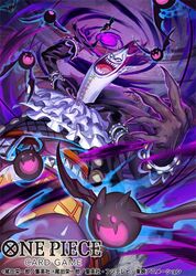  1boy ascot bat_(animal) belt commentary_request copyright_name evil_smile fingernails gecko_moria gloves holding holding_weapon horns looking_at_viewer male_focus official_art one_piece one_piece_card_game open_mouth phima purple_hair sharp_teeth smile solo teeth weapon white_ascot wind 