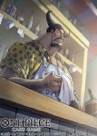  1boy apron arm_hair beard black_hair blueno bottle commentary_request cup facial_hair glint holding holding_cup kuroda_asaki looking_ahead male_focus mustache official_art one_piece one_piece_card_game solo upper_body white_apron wine_bottle 