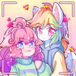  2girls ahoge animal_ears blue_eyes commentary curly_hair furry furry_female heart heart_emoji highres horse_ears looking_at_viewer multicolored_hair multiple_girls my_little_pony my_little_pony:_friendship_is_magic open_mouth personification pink_eyes pink_hair pinkie_pie rainbow_dash rainbow_hair sparkle sweater tears upper_body viewfinder wings yi_zhi_xiao_tu 