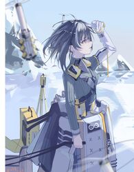  absurdres arknights ay4_la black_hair commentary_request drone from_side gloves green_sweater highres holding long_sleeves looking_ahead magallan_(arknights) magallan_(elite_ii)_(arknights) mountain multicolored_hair outdoors ribbed_sweater short_hair single_glove snow streaked_hair sweater turtleneck turtleneck_sweater white_gloves white_hair yellow_eyes 