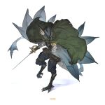  1boy absurdres artist_name beak belt bird_boy blue_pants brown_gloves cape digitigrade fingerless_gloves fins from_above full_body furry furry_male gloves green_cape hand_on_own_chest head_fins highres holding holding_sword holding_weapon kunaru_(799865444232548352) leg_up looking_at_viewer male_focus open_mouth original pants rapier shirt simple_background slit_pupils solo standing standing_on_one_leg sword tail talons thigh_belt thigh_strap toeless_footwear weapon white_background white_shirt yellow_eyes 