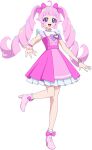  1girl :d ahoge aozora_himari boots bow dress drill_hair full_body hair_bow high_heel_boots high_heels highres himitsu_no_aipri looking_at_viewer official_art open_mouth pink_bow pink_dress pink_footwear pink_hair pretty_series purple_bow reaching reaching_towards_viewer second-party_source smile solo standing standing_on_one_leg twin_drills twintails violet_eyes watch watch 