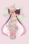  +_+ black_hair bow-shaped_hair callie_(splatoon) food food_on_head green_pantyhose highres holding holding_umbrella infamousavages inkling mole mole_under_eye multicolored_hair object_on_head official_alternate_costume open_mouth pantyhose parasol pink_background pink_footwear pink_hair pink_pantyhose short_jumpsuit signature simple_background sitting splatoon_(series) splatoon_1 splatoon_2 splatoon_3 striped_clothes striped_pantyhose sushi tentacle_hair umbrella yellow_eyes 