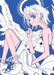  1girl :3 absurdres angel_wings bare_shoulders camisole cross cross_earrings earrings feathered_wings from_side highres jewelry kaneni knees_up limited_palette looking_to_the_side original shirt shoes short_hair sneakers solo spaghetti_strap spread_wings white_wings wings 