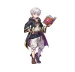  1boy absurdres aged_down black_coat book brown_gloves brown_hair coat fingerless_gloves fire_emblem fire_emblem_awakening fire_emblem_heroes gloves highres holding holding_book katze-reis-kuchen--nyankoromochi looking_at_viewer official_art open_book robin_(fire_emblem) robin_(male)_(child)_(fire_emblem) robin_(male)_(fire_emblem) smile solo tachi-e tagme transparent_background white_hair 