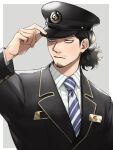  1boy bags_under_eyes black_hair black_jacket boku_no_hero_academia border closed_mouth collared_shirt eraser_head_(boku_no_hero_academia) facial_hair goatee grey_background hat jacket long_sleeves looking_ahead male_focus mature_male necktie peaked_cap rnuyvm scar scar_on_cheek scar_on_face shirt sideburns solo striped_necktie white_border white_shirt 