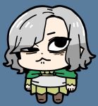  1boy :&lt; bags_under_eyes bkub black_eyes blue_background boots chibi chibi_only cloak dungeon_meshi elf full_body green_cloak grey_hair lazy_eye long_sleeves looking_up male_focus mithrun notched_ear pointy_ears short_hair simple_background solo tunic uneven_eyes wavy_hair 
