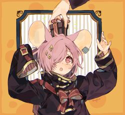  1boy animal_ears blush bow bowtie brown_jacket diamond_hair_ornament ear_ornament gold_trim hair_over_one_eye hands_up jacket jibaku_shounen_hanako-kun mitsuba_sousuke mole mole_under_eye mouse_boy mouse_ears open_mouth pink_eyes pink_hair red_bow red_bowtie sapphire_(nine) single_sleeve_past_fingers solo yellow_background 