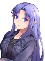  1girl black_dress blue_jacket casual closed_mouth commentary_request dress fate/hollow_ataraxia fate/stay_night fate_(series) highres jacket lips lipstick long_hair long_sleeves looking_at_viewer makeup medea_(fate) open_clothes open_jacket parted_bangs pocket pointy_ears purple_hair purple_lips sano_jinya simple_background smile solo violet_eyes white_background 