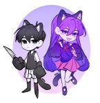  1boy 1girl ahoge animal_ear_fluff animal_ears animal_hands arm_at_side artist_name bare_arms black_eyes black_footwear black_hair black_shorts black_socks black_tail black_tank_top blush bright_pupils brother_and_sister cat_ears cat_tail chibi chibi_only child closed_mouth collared_shirt colored_skin commentary english_commentary fake_animal_ears full_body gradient_background gradient_hair hair_behind_ear hair_between_eyes highres holding holding_knife k0re_drawings knees_together_feet_apart knife long_hair looking_at_viewer mari_(headspace)_(omori) mari_(omori) multicolored_hair neck_ribbon no_pupils no_shoes omori omori_(omori) open_mouth paw_pose pink_background pink_skirt purple_background purple_hair purple_skin purple_sweater_vest red_ribbon ribbon shirt short_hair shorts siblings skirt sleeveless smile socks standing standing_on_one_leg striped_clothes striped_shorts sweater_vest tail tank_top vertical-striped_clothes vertical-striped_shorts violet_eyes white_background white_pupils white_shirt white_shorts white_skin 