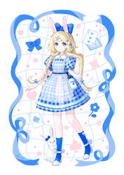  1girl alice_(alice_in_wonderland) alice_in_wonderland animal_ears back_bow belt black_belt blonde_hair blue_border blue_bow blue_dress blue_eyes blue_flower blue_ribbon blue_socks border bottle bow braid card checkered_clothes checkered_dress deformed dot_nose dress flower footwear_bow full_body hair_bow hair_ornament hair_ribbon hairclip heart high_heels highres holding holding_own_hair kneehighs lolita_fashion long_hair looking_at_viewer low_twintails milk_bottle ornate_border patterned_background playing_card puffy_short_sleeves puffy_sleeves rabbit_ears rabbit_tail ribbon short_sleeves sidelocks smile socks standing standing_on_one_leg star_(symbol) tail tareme twin_braids twintails underbust very_long_hair white_bow white_footwear white_rabbit_(animal) yutukicom 