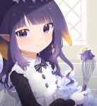  1girl 8_nana_usagi apron black_dress blush dress gloves highres holding holding_whisk hololive hololive_english long_hair looking_at_viewer ninomae_ina&#039;nis ninomae_ina&#039;nis_(6th_costume) official_alternate_costume pointy_ears purple_hair smile takodachi_(ninomae_ina&#039;nis) tentacle_hair violet_eyes virtual_youtuber whisk white_apron white_gloves 