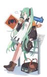 1girl against_railing alternate_costume bare_shoulders black_jacket boots brown_footwear coffee_cup cup disposable_cup dress full_body green_eyes green_hair green_nails hair_ribbon hatsune_miku highres holding holding_cup jacket long_hair long_sleeves looking_at_viewer nail_polish newspaper nuudoru off_shoulder open_clothes open_jacket piano_print railing ribbon short_dress sign sleeveless sleeveless_dress solo standing twintails very_long_hair vocaloid white_dress 