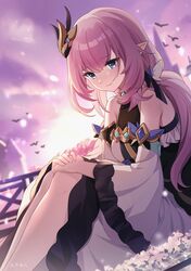  1girl absurdres alternate_costume bare_legs bare_shoulders bird blue_eyes breasts closed_mouth dress elf elysia_(honkai_impact) elysia_(miss_pink_elf)_(honkai_impact) flower guzangnanfeng hair_between_eyes hair_ornament highres honkai_(series) honkai_impact_3rd long_hair looking_at_viewer outdoors pink_hair pink_sky pointy_ears sky too_many too_many_birds white_dress white_flower 