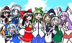  6+girls animal_ears apron ascot black_vest blonde_hair blue_dress blue_eyes blue_hair blue_shirt blue_skirt blush bow bowtie braid breasts brown_eyes brown_hair cirno collar collared_shirt detached_sleeves dress frog_hair_ornament green_skirt green_vest grey_eyes grey_hair hair_bow hair_ornament hair_ribbon hakurei_reimu hat hat_bow holding_hands ice ice_wings izayoi_sakuya kirisame_marisa kochiya_sanae konpaku_youmu leaf_print maid_headdress multiple_girls multiple_hair_bows necktie purple_hair rabbit_ears red_shirt red_skirt reisen_udongein_inaba reivunn ribbon shameimaru_aya shirt short_sleeves skirt tokin_hat touhou twin_braids vest waist_apron white_shirt wings wizard_hat yellow_ascot yellow_eyes 