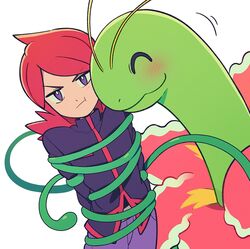  1boy :t ^_^ antennae black_shirt blush cheek-to-cheek chueog closed_eyes colored_skin cowboy_shot flower green_skin heads_together high_collar highres hug long_hair long_sleeves male_focus meganium midriff_peek multicolored_clothes pants plant pokemon pokemon_(creature) pokemon_hgss purple_pants red_flower red_trim redhead shirt silver_(pokemon) smile vines violet_eyes wrapped_up 