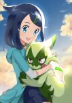  1girl :d affectionate black_hair clouds commentary_request cowlick day floragato green_jacket hair_ornament hairclip hood hood_down hooded_jacket hug jacket liko_(pokemon) long_hair morisawa_machi open_mouth outdoors pokemon pokemon_(anime) pokemon_(creature) pokemon_horizons sky smile teeth upper_teeth_only 