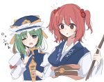  2girls asymmetrical_hair blue_hat breasts coin d9ysbx288350 frilled_hat frills green_hair hair_bobbles hair_ornament hat highres holding looking_at_viewer medium_hair multiple_girls obi one_eye_closed onozuka_komachi open_mouth red_eyes redhead rod_of_remorse sash shiki_eiki short_hair simple_background touhou translation_request two_side_up upper_body white_background yawning 