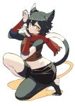  1girl animal_ears armor black_fur black_hair body_fur cat_ears cat_girl cat_tail dungeon_meshi full_body highres izutsumi leather_armor looking_at_viewer midriff mismatched_animal_ear_colors navel on_one_knee paw_pose red_scarf scarf solo tail white_background yanai_nobuhiko yellow_eyes 