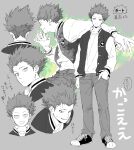  1boy denim energy full_body hand_in_pocket highres jacket jeans long_sleeves min_(ozux66699998899) mob_psycho_100 monochrome multiple_views open_mouth orange_hair pants partially_colored shoes short_hair smile spiky_hair suzuki_shou undershirt v-shaped_eyebrows 