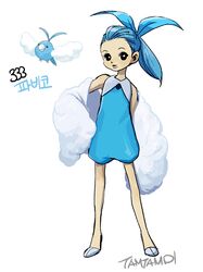  1girl artist_name bare_shoulders black_eyes blue_bow blue_hair blue_jumpsuit bow bright_pupils character_name coat creature_and_personification fluffy fluffy_clothes full_body fur_coat hair_bow highres jumpsuit korean_text light_smile off_shoulder official_art_inset parted_lips personification pokedex_number pokemon ponytail reference_inset short_jumpsuit sleeveless sleeveless_jumpsuit solo swablu tamtamdi white_coat white_pupils 