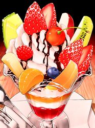  absurdres blueberry cherry chocolate_syrup commentary_request food food_focus fork fruit highres kiwi_(fruit) kiwi_slice napkin no_humans ooranokohaku original parfait still_life strawberry table wooden_table 