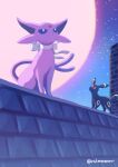  artist_name black_eyes blue_eyes closed_mouth colored_sclera espeon forehead_jewel forked_tail full_moon funahashi_(nkmmmmr) highres moon neck_ribbon night no_humans on_roof outdoors pokemon pokemon_(creature) purple_sclera red_sclera ribbon sidelocks sitting standing star_(sky) tail twitter_username umbreon violet_eyes white_ribbon 