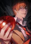  1boy absurdres apple book brown_jacket collared_shirt death_note fingernails food fruit highres holding holding_food holding_fruit jacket lips looking_at_object male_focus muksal necktie open_book orange_hair parted_lips pen red_eyes red_necktie shirt short_hair sidelocks solo teeth upper_body white_shirt wispy_bangs yagami_light 