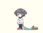  1girl alternate_costume blanket blue_eyes blue_pants full_body grey_hair i-36_(kancolle) kantai_collection military_vehicle motor_vehicle negative_space pajamas pants saiguchi_otoufu shirt short_hair simple_background sleepy slippers solo tank toy twintails white_background white_shirt 