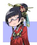  1girl bell bell_earrings black_hair blue-framed_eyewear closed_mouth commentary_request earrings frown glasses hair_ornament hair_stick japanese_clothes jewelry kimono napier nemakichi purple_background red_kimono sekaiju_no_meikyuu sekaiju_no_meikyuu_3 short_hair simple_background solo two-tone_background white_background 