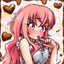  1girl apron artist_name blush candy chocolate chocolate_on_hand commentary_request dated embarrassed food food_on_hand frilled_apron frills hair_between_eyes hand_up heart heart-shaped_chocolate heart_apron index_finger_raised licking licking_finger licking_own_finger long_hair looking_at_viewer louise_francoise_le_blanc_de_la_valliere naked_apron pink_eyes pink_hair raised_eyebrows simple_background solo sparkle stalkingp sweatdrop upper_body valentine wavy_hair white_apron zero_no_tsukaima 