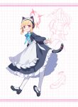  1girl animal_ear_headphones animal_ears apron black_dress black_footwear blonde_hair blue_archive blush cat_tail closed_mouth commentary dress fake_animal_ears frilled_apron frills halo headphones highres long_sleeves maeya_susumu maid maid_apron maid_headdress momoi_(blue_archive) momoi_(maid)_(blue_archive) multiple_views official_alternate_costume pantyhose pink_halo red_eyes shoes short_hair symbol-only_commentary tail white_apron white_pantyhose 