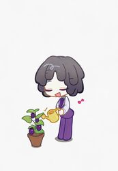  1other closed_eyes dreadlocks eggplant hagan_tw highres holding holding_watering_can librarian_(project_moon) library_of_ruina long_sleeves open_mouth pants project_moon purple_hair purple_pants purple_vest shirt simple_background smile vest watering watering_can white_background white_shirt 