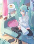  &gt;_&lt; 1girl :&gt; :q :s animal_slippers aqua_eyes aqua_hair aqua_nails between_breasts black_footwear black_thighhighs breasts chips_(food) chocolate commentary_request couch doodle_inset drawstring drinking_straw electrical_outlet food half_lotus_position hatsune_miku heart highres holding holding_food holding_spring_onion holding_stuffed_toy holding_vegetable hood hoodie indoors juice_box light_blush long_hair looking_ahead motion_lines no_pants pink_curtains poster_(object) pudding signature sitting slippers small_breasts solo spring_onion stuffed_toy thigh-highs tongue tongue_out twintails vegetable very_long_hair vocaloid white_hoodie yasuno-labo 