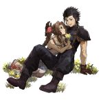  1boy 1girl aerith_gainsborough arm_support armor baggy_pants bare_arms bare_shoulders black_gloves black_hair blue_eyes boots braid braided_ponytail brown_hair collarbone commentary_request couple crisis_core_final_fantasy_vii cross_scar dress field final_fantasy final_fantasy_vii flower flower_field full_body gloves green_eyes hair_ribbon hand_up highres holding holding_flower ivy60530 knees_up leaning_on_person looking_at_another on_person open_mouth pants parted_lips pink_ribbon ribbon sandals scar scar_on_cheek scar_on_face shoulder_armor sitting skirt sleeveless sleeveless_turtleneck spaghetti_strap spiky_hair suspender_skirt suspenders sweater toeless_footwear turtleneck turtleneck_sweater white_background yellow_flower zack_fair 