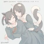  2girls animal_ears black_hair black_shirt black_skirt cat_ears cat_girl cat_tail dated flower grey_background hair_flower hair_ornament happy_birthday intertwined_tails inutose long_sleeves looking_at_another mole mole_under_eye multiple_girls neck_ribbon one_eye_closed one_side_up open_mouth original ribbon shirt short_hair simple_background skirt smile tail twitter_username yuri 