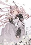  1girl arknights black_gemstone commentary_request dress flower highres holding holding_flower horns jewelry long_hair long_sleeves looking_at_viewer material_growth multiple_rings oripathy_lesion_(arknights) pink_eyes pink_hair ring sitting solo theresa_(arknights) very_long_hair weibo_watermark white_dress white_flower zhi_kao_zhishi_cha 
