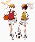  2boys ball basketball_(object) blonde_hair brown_hair chibimon digimon digimon_adventure_02 gdn0522 highres holding holding_ball male_focus motomiya_daisuke multiple_boys patamon red_tank_top shirt shorts simple_background soccer_ball spiky_hair sportswear takaishi_takeru tank_top white_background white_shirt white_shorts yellow_tank_top 