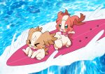  &gt;_&lt; @est@ animal_focus brown_fur collar commentary_request dog green_eyes highres in-franchise_crossover inukai_iroha inukai_komugi inukai_komugi_(dog) kururun_(precure) open_mouth pawpads precure seal_(animal) surfboard surfing tropical-rouge!_precure water wonderful_precure! 