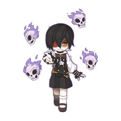 1boy ascot black_bow black_bowtie black_hair black_shorts black_vest bow bowtie brown_footwear buttons chibi chibi_only cross despair_god_morroc flaming_skull floating_skull full_body glowing glowing_eye grin hair_between_eyes heterochromia kodona lolita_fashion long_bangs looking_at_viewer male_focus mary_janes official_art orange_eyes popped_collar ragnarok_online reaching reaching_towards_viewer red_eyes shaded_face shirt shoes short_hair shorts simple_background smile socks solo transparent_background vest white_ascot white_shirt white_socks wrist_cuffs yuichirou 