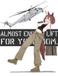  ! 1girl aircraft animal_ears artist_name atamonica bare_shoulders black_tank_top blush box brown_footwear brown_pants ch-53 clothes_around_waist english_text full_body hair_between_eyes helicopter highres holding holding_box horse_ears horse_girl horse_tail military original pants shirt shirt_around_waist short_hair simple_background standing standing_on_one_leg stomach tail tank_top white_background 