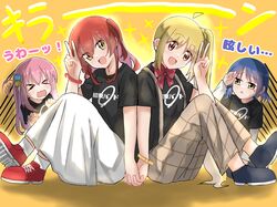  &gt;_&lt; 4girls ahoge ankle_socks black_footwear black_shirt blonde_hair blue_hair bocchi_the_rock! brown_eyes brown_pants commentary_request cube_hair_ornament gotoh_hitori green_eyes hair_ornament highres holding_hands ijichi_nijika interlocked_fingers kita_ikuyo long_hair multiple_girls one_side_up pants pink_hair red_footwear redhead ryuhirohumi shirt shoes short_sleeves side_ponytail skirt sneakers socks t-shirt translation_request white_skirt white_socks yamada_ryo yellow_eyes 