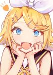  1girl bare_shoulders blonde_hair blue_eyes bow hair_bow hair_ornament hairclip hands_on_own_cheeks hands_on_own_face hands_up heart inuyama_(1109) kagamine_rin light_blush looking_at_viewer medium_hair neckerchief open_mouth portrait sailor_collar simple_background smile solo swept_bangs upper_body vocaloid white_background yellow_neckerchief 